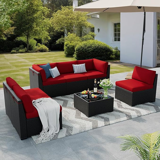 Patio Furniture Set, 7 Pieces Outdoor Sectional Sofa Set with Waterproof Cover, Black PE Wicker Rattan Slanted Back Outdoor Conversation Set with Cushions and Glass Coffee Table, Wine red