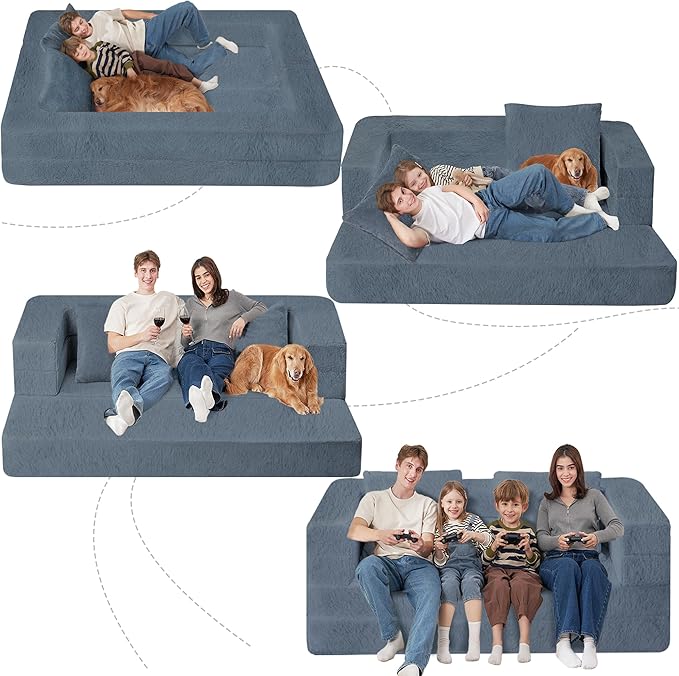 Futon Sofa Bed with Pillow, 3-in-1 Sleeper Sofa Bed with Removable Cover, Convertible Floor Sofa Bed, No Assembly Boneless Couch for Living Room, Bedroom