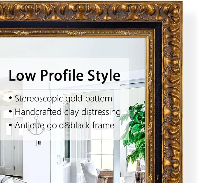 Chende Vintage Wall Mirrors for Decor, 47''x24'' Black and Gold Narrow Mirror for Bathroom with Antique Pattern Carving Wooden Frame, Rectangle Ornate Decor for Living Room, Entryway, Dining Room - Image 2