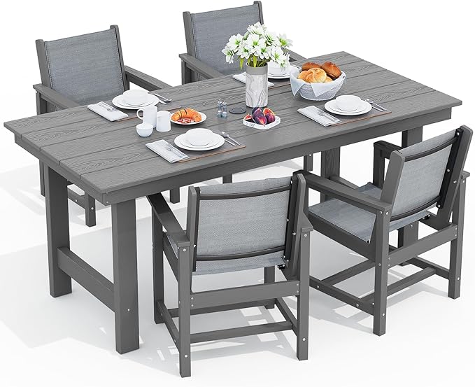SERWALL 5 Piece Patio Dining Sets, Outdoor HDPE Dining Furniture Set with Umbrella Hole Cut-Out Table and 4 Woven Chairs, Gray by SERWALL