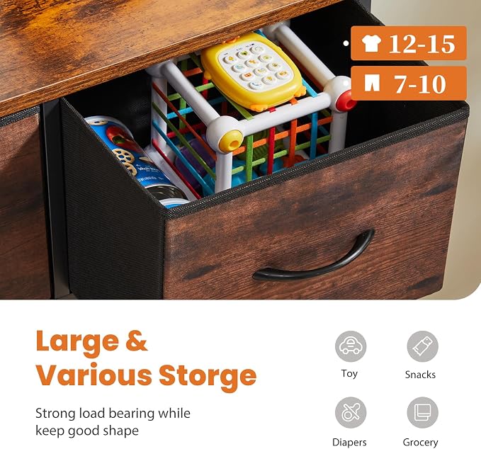 Sweetcrispy Dresser for Bedroom with 9 Storage Drawers, Large Fabric Storage Tower Organizer, Chest of Drawers with Metal Frame Wooden Top for Closet, Living Room, Entryway, Brown - Image 4