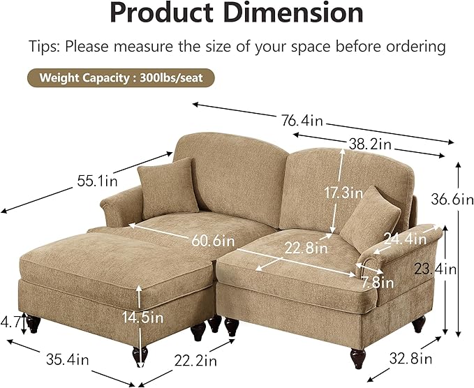 KEIKI Mid Century Modular Sofa with Flared Arms and Skirted Design, 76" Loveseat with Ottoman Chenille L-Shaped Sectional Couches for Living Room, Comfortable Chaise Lounge Indoor, Light Coffee