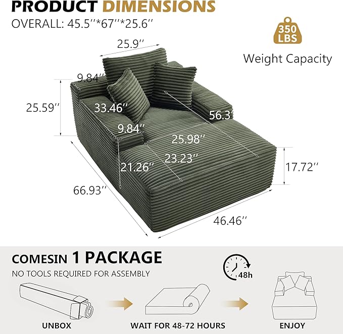 KEIKI 67" Corduroy Chaise Lounge Chair Sofa Bed with 9.9'' Wide Armrests, Oversized Sleeper Sofa, Deep Seat Lounge, Three Pillows, Convertible, No Assembly Required for Living Room, Green