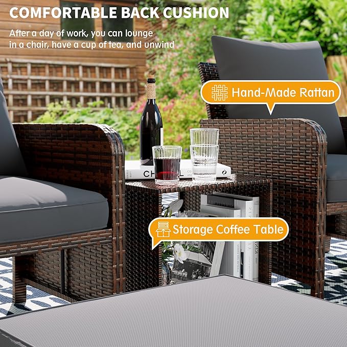 UDPATIO Balcony Furniture Patio Chairs with Ottoman, 5 Piece Wicker Patio Furniture Set with Footrest for Front Porch Small Space