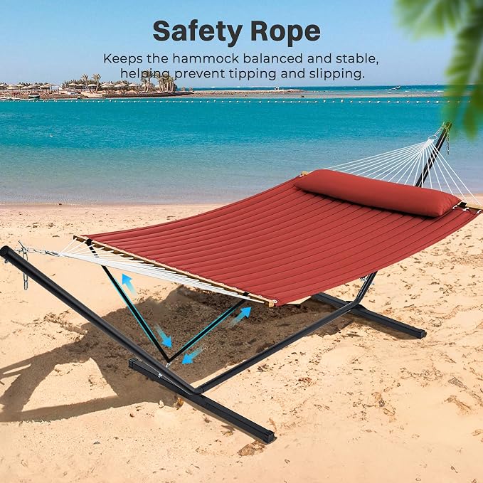 SUPERJARE Hammock with Stand, 2 Person Quilted Outdoor Hammock, Detachable Pillow & Bamboo Spreaders, Portable Hammock with Carrying Bag, Heavy Duty Stand, Perfect for Outside, Patio, Burgundy - Image 5