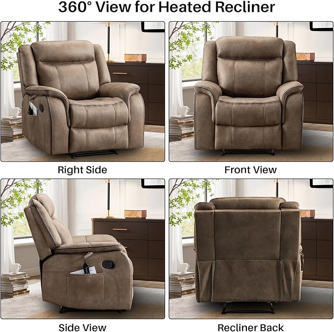 Massage Recliner Chair with Heat, Faux Leather Recliner Chairs for Adults, 39" Wide Manual Reclining Ergonomic Lounge Chair, Overstuffed Wall Hugger Recliners for Living Room, Nut Brown