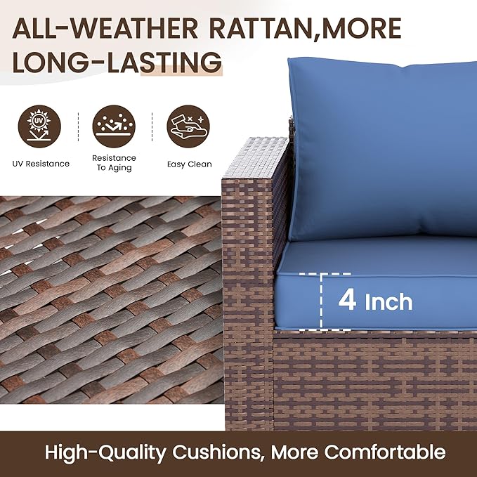 Patio Furniture Set,5 Piece Wide Armrest Outdoor Furniture Chair with 4" Thickened Cushion,Wicker Patio Conversation Sets with Waterproof Covers for Backyard, Porch(Navy Blue)