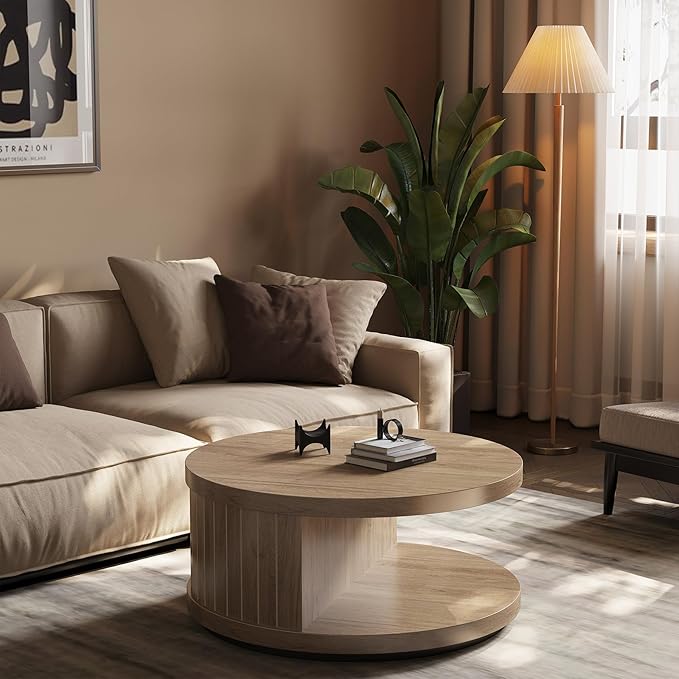 31-Inch Round Coffee Tables for Living Room, Wood Center Tea Tables with Open Shelf, Aesthetics Fluted Circle Coffee Table with Storage for Home Office, Natural Oak Brown