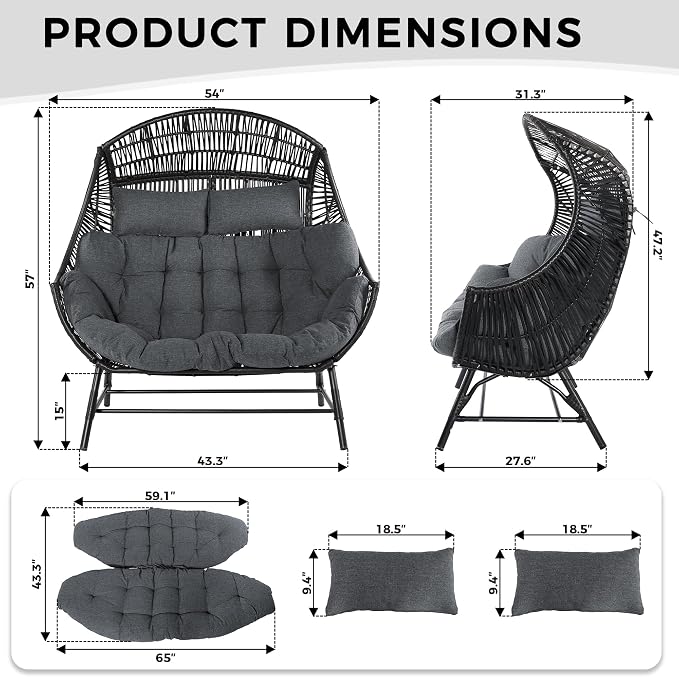 IRONCK Egg Chair Outdoor, Double Wicker Egg Lounge Chair, Upgraded Feet, Handrest and Padded Cushion, 700Lbs, Oversized Loveseat for Backyard, Patio, Living Room, Gray - Image 2
