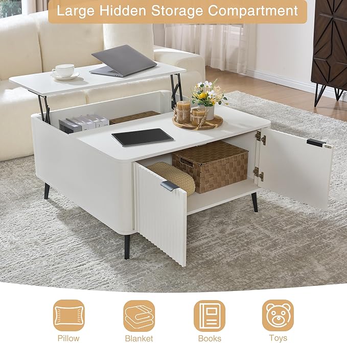 Lift Top Coffee Table with Storage, 35.4" Wide Square White Coffee Table with Large Hidden Compartment, Mid Century Modern Fluted Center Table for Home Living Room