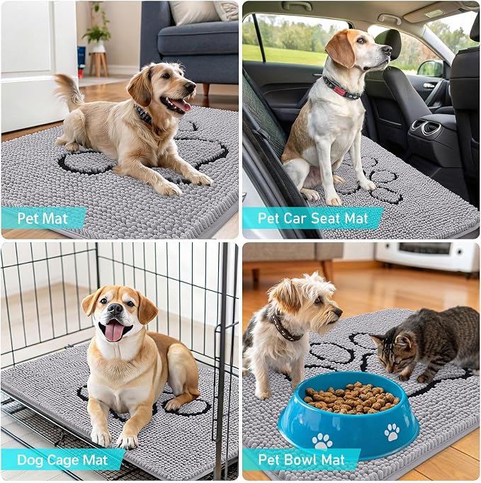OLANLY Dog Door Mat for Muddy Paws 48x30, Paw Print Design, Absorbs Moisture and Dirt, Non-Slip Washable Doormat, Quick Dry Chenille Mud Mat for Dogs, Entry Indoor Entryway Carpet, Light Grey - Image 7
