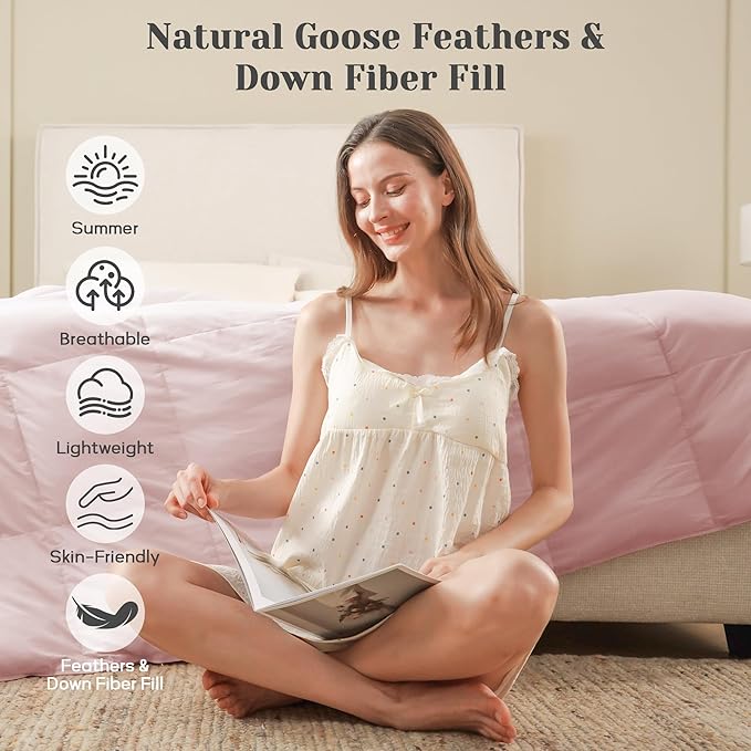 Joysoul Goose Feathers Fiber Comforter - Lightweight Ultra Soft Fabric Cover Breathable White Down Feather Fill, Pink California King Size Duvet Insert (108" X 94")