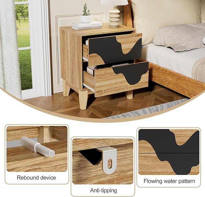 Anbuy Bedroom Sets 3 Pieces Bedroom Furniture Set Water Stream 9 Drawer Dresser and Night Stand Sets, Two Drawers Nightstand Set of 2 & 9 Drawer Dresser Combo (Natural)