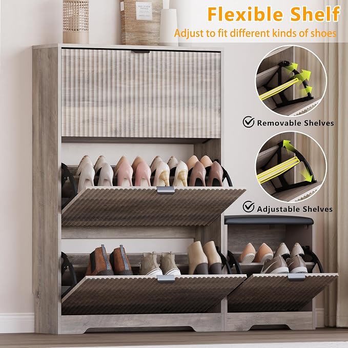 BORNOON Slim Shoe Cabinet with Bench for Entryway, Hidden Storage and Adjustable Shelves, Free Standing Wooden Shoes Organizer for Hallway, Foyer - Image 3