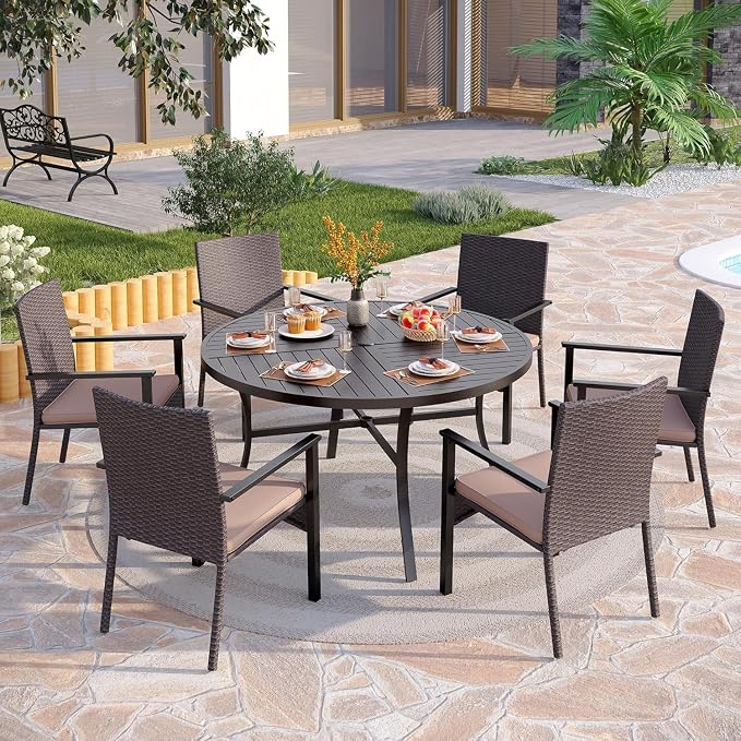 PHI VILLA Outdoor Round Dining Table for 6, 54" Large Metal Wrought Iron Table with Umbrella Hole, All Weather Furniture for Patio, Deck, Yard, Porch - Black - Image 2