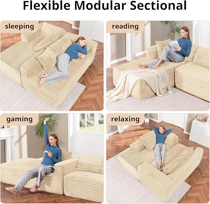 LUCKLIFE Modular Sectional Couch with L-Shape Chaise,Corduroy Upholstery Boneless Couches for Living Room,Oversized Sleeper Sofa,No Assembly Required (Beige, L Shape with Left Facing Chaise)