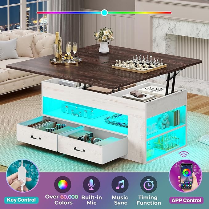 Itaar Lift Top Coffee Table, 4 in 1 Coffee Tables with Storage and Hidden Compartment, Farmhouse Coffee Table with 2 Fabric Drawers & LED Light for Living Room, White