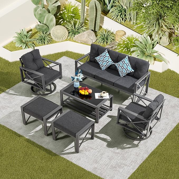 6 Pieces Metal Patio Furniture Set, Outdoor Seating Furniture with Swivel Chairs and Ottoman Ideal for Indoor Porch Deck Bistro Lawn Garden Backyard Poolside-Grey