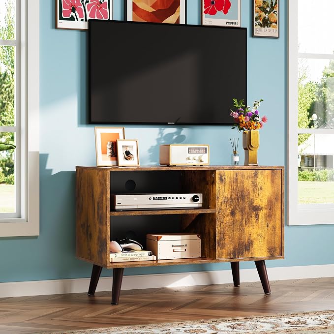 WLIVE TV Stand for 40 Inch TVs, Small Entertainment Center with Storage Cabinet, Mid-Century Modern TV Stands for Living Room and Bedroom, 32" TV Console, Brown - Image 2