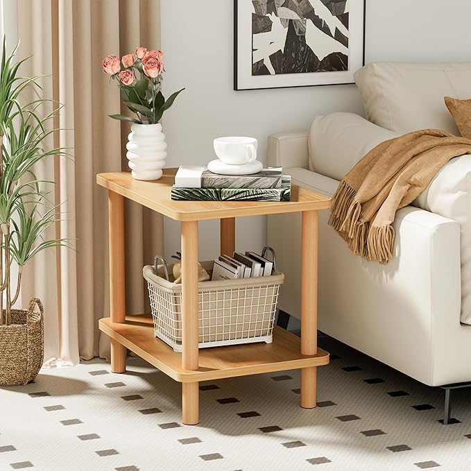 2 Tier End Table Low Table with Solid Wood Legs, Small Coffee Table Side Table, Boho Bedside Table with Storage Shelf, Nightstand for Small Spaces, Bedroom, Living Room, Entryway, Farmhouse, Natural