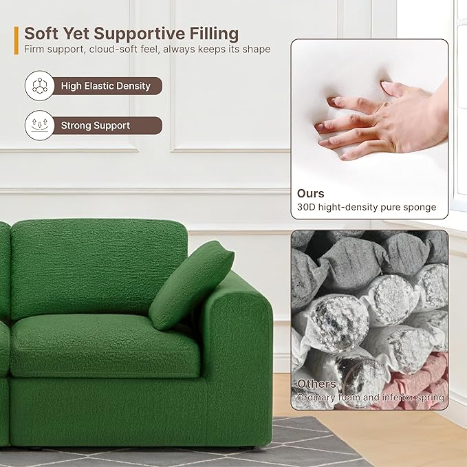 108" Boneless Cloud Couch Sectional No Assembly Required Modular Sofa with Deep Seat for Living Room L Shaped Couch with Ottoman Snowflake Fabric and Memory Sponge Moss Green