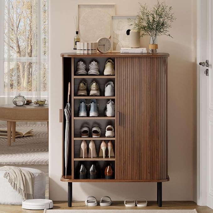 ONBRILL 6-Tier Shoe Cabinet with Sliding Door, Wooden Shoe Storage Cabinet with Adjustable Shelves, Mid-Century Modern Freestanding Shoe Storage Organizer for Entryway, Hallway, Living Room, Walnut - Image 8