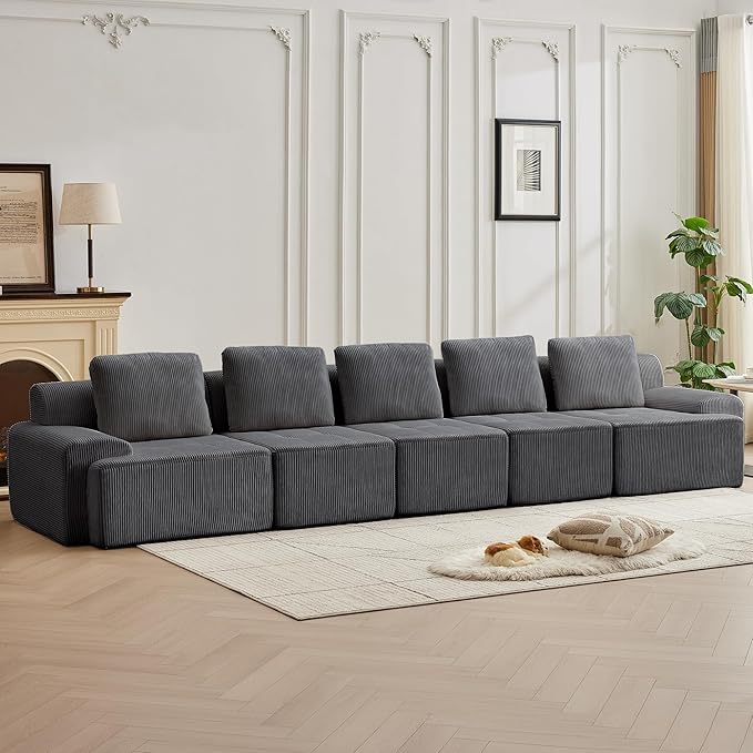 Modular Sectional Sofa with Movable Ottoman, 5 Seat Deep Seat Couch with 5 Pillows, Comfy Cloud Sectional Sofa for Living Room, Bedroom and Apartment (Grey, 1 Left+1 Right+3 Middle)