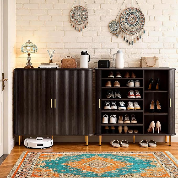 Shoe Cabinet Storage for Entryway: 6-Tier Shoe Cabinet with Adjustable Shelves & Sliding Doors, Mid-Century Modern Freestanding Shoe Storage Organizer for Entryway, Hallway, Living Room - Image 7