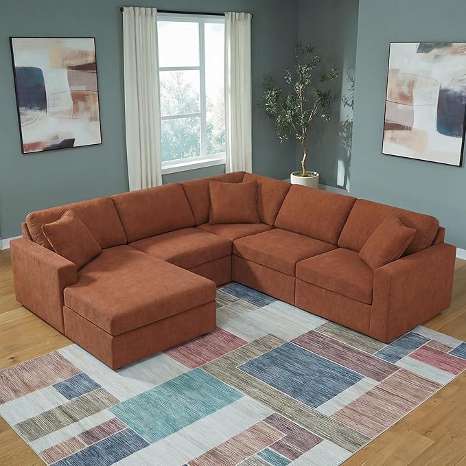 Signature Design by Ashley Casual Modmax Stain Resistant U-Shape Right-Arm Facing 5-Piece Sectional with Chaise and Reversible Cushion, Orange