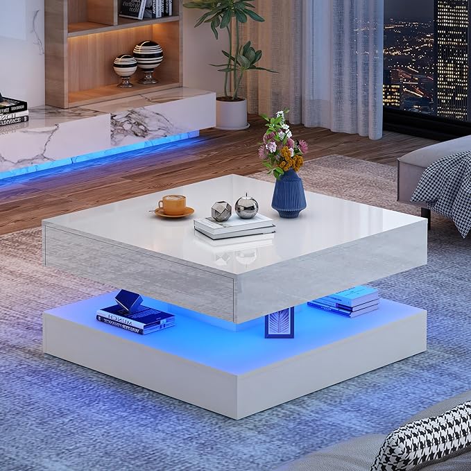 33.9" LED Coffee Table with Storage, Modern High Glossy Living Room Table w/2 Drawers,Double-Layer Design Large Square Center Table for Living Room, Home, Office, White