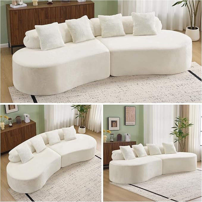 Curved Multi-Seater Sofa, Modern Modular Sofa with Cylindrical Backrest & 4 Coordinating Pillows, 111'' Flannelette Leisure Combination Couch with Ergonomic Design for Living Room, White
