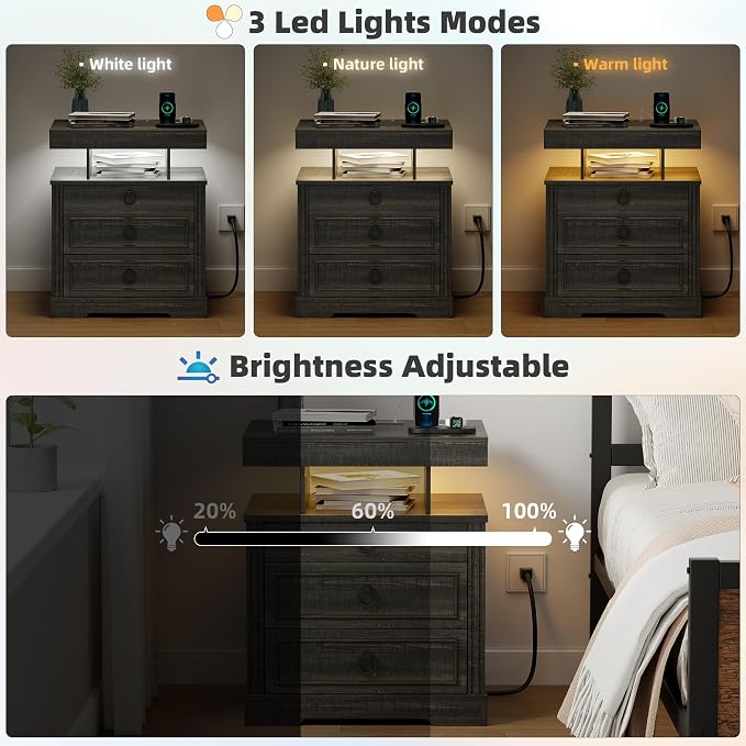 Nightstand Set 2 with Gun Drawer,LED Bedside Table with Charging Station,Night Stand with Human Sensor Design and 3 Open Shelves, Modern End Tables Bedroom, Brown - Image 6