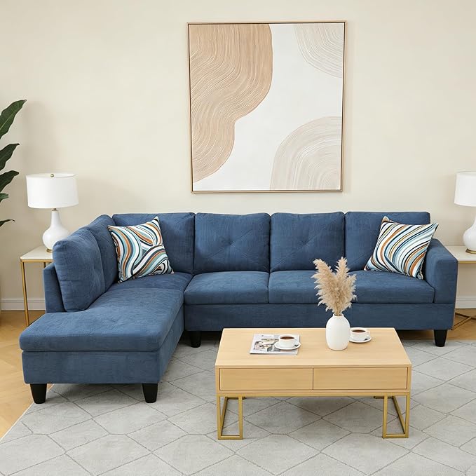 Modern L-Shaped Couch with Lounge Chaise, Comfortable Sectional Sofa with Cushions and Sturdy Frame, Perfect for Living Room, Apartment, Blue