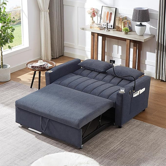 Eafurn 3 in 1 Convertible Sleeper Sofa Bed - Pull Out Couch Bed with Side Pockets, 55.9" Futon Love Seat Sleeper with Cup Holders and 360°Swivel Phone Holder for Living Room
