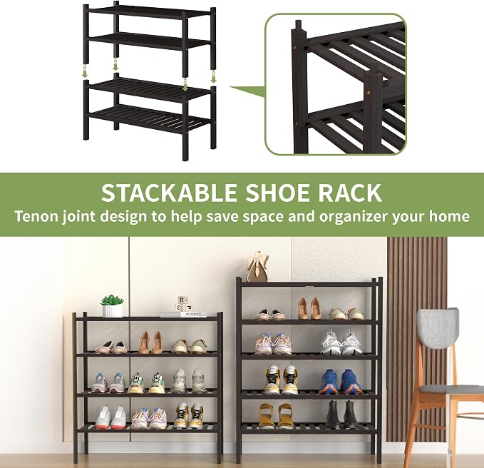 ROMGUAR CRAFT 4 Tier (Thick) Bamboo Shoe Rack for Closet Free Standing Wood Shoe Shelf for Entryway Small Space Stackable 27"x12"x28" (Black Brown) - Image 4