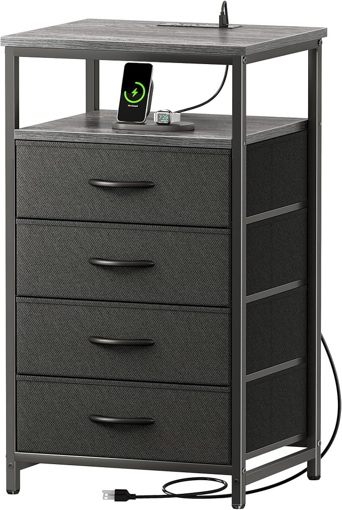 Huuger Night Stand with Charging Station, 4 Drawer Dresser for Bedroom, Bedside Table, 33.9 Inch Tall Nightstand with Open Shelf, End Table, for Closet, Entryway, Bedroooom, Gray by Huuger