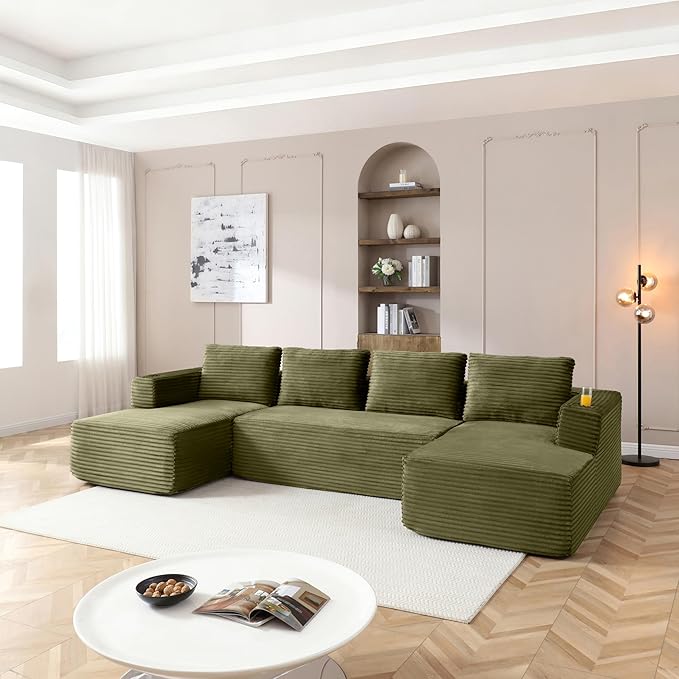 132-Inch U-Shaped Cloud Sectional Couch, Symmetrical Modular Compressed Boneless Sectional Sofa with Chaise Lounges, Plush Corduroy Boneless Corner Sofa W/Cupholders