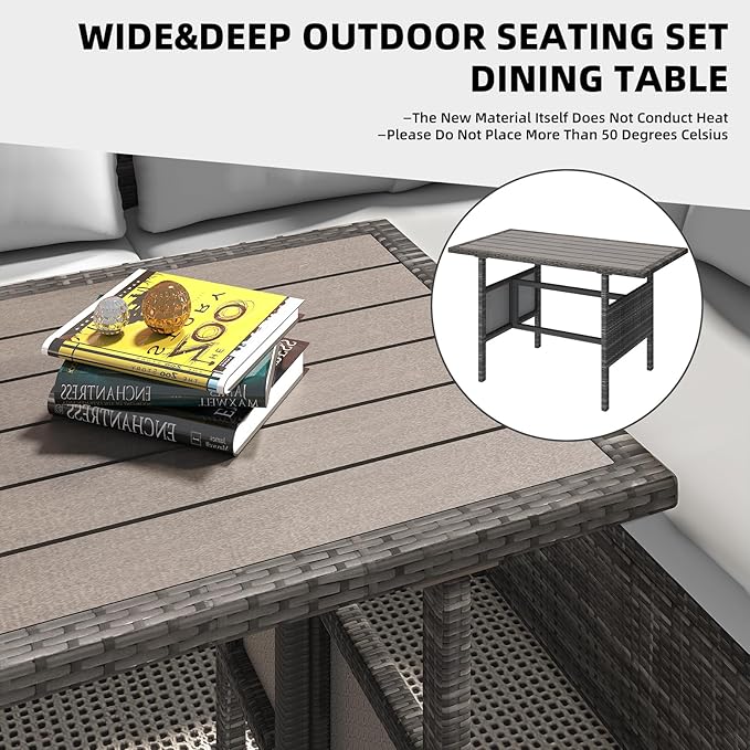 AECOJOY Outdoor Patio Furniture Set, 7 Pieces Clearance Sectional Rattan Dining Table&Chairs, All Weather Wicker Conversation Sofa Couch with Ottoman, Light Grey Cushions&Grey Rattan