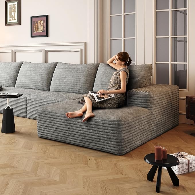 135" U Shaped Sectional Couch with Ottoman, Large Sectional Couches for Living Room, Plush Corduroy Convertible Sleeper Sofa, Compressed Foam Sofa in a Box No Assembly, Left Facing Chaise, Grey