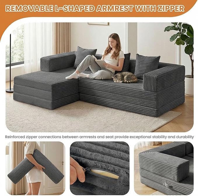 Modular Sectional Sofa, Boneless Convertible Oversized Sleeper Sofa Bed, Modern Tri-Folding Cloud Couch with L-Shape Chaise, Corduroy Futon Couches for Living Room Small Spaces Apartment,No Assembly