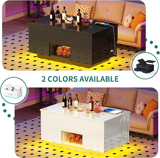 YITAHOME LED Lift Top Coffee Tables for Living Room with Power Outlets Charging Station, Modern Coffee Table with Storage 2 Drawers and Open Shelfs Rectangular Small Coffee Table Decor, Glossy White