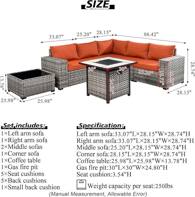 HOOOWOOO Modular Patio Outdoor Sectional Furniture Set with Gas Propane Fire Pit Table,7 Piece Wicker Conversation Sofa Set,Out Door Couch Set with Wide Arm Outside(Dark Grey)