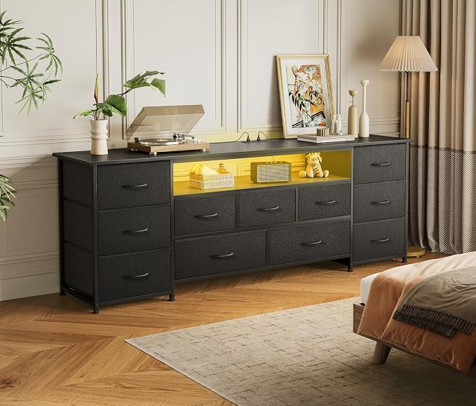 Huuger 63 Inch TV Stand for 65, 70 Inch TV, 11 Drawer Long Dresser with Power Outlets and LED Lights, Entertainment Center with Storage, Black Dresser with PU Leather Surface - Image 7
