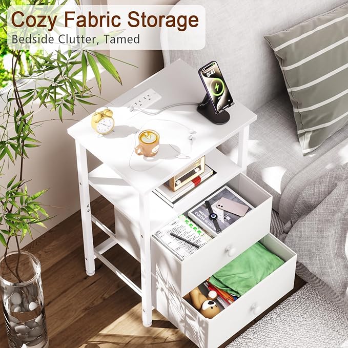 LOAKEKEL Night Stand with Charging Station, Small Bedside Table with 2 Fabric Drawers, Nightstand with USB Ports & Outlets for Bedroom, White, HETS020WT-1 - Image 5