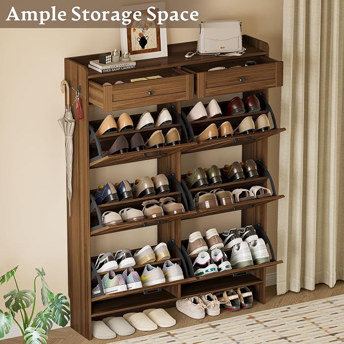 BORNOON Shoe Cabinet for Entryway, Farmhouse Shoe Storage Cabinet with 6 Flip Drawers and 2 Top Drawers, Tall Narrow Shoe Organizer Cabinet with Adjustable Shelves, Side Hooks and Anti-Tip Kit - Image 3