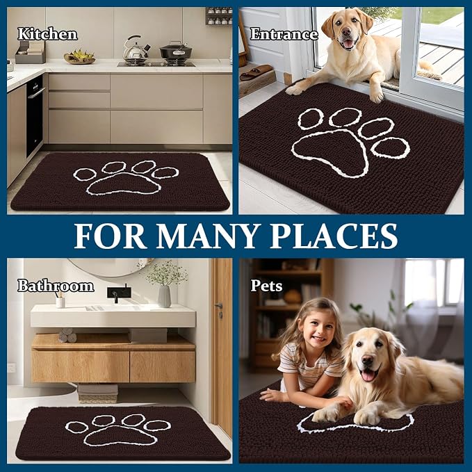 OLANLY Dog Door Mat for Muddy Paws 59x35, Paw Print Design, Absorbs Moisture and Dirt, Absorbent Non-Slip Washable Doormat, Quick Dry Chenille Mud Mat for Dogs, Entry Indoor Entryway Carpet, Brown - Image 8