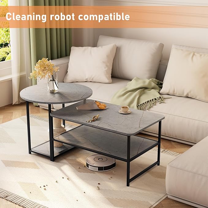 WOHOMO Coffee Table, Modern Style Coffee Tables for Living Room Marble Center Table with Storage 2 in 1 Detachable Nesting Table Set, Grey Marble