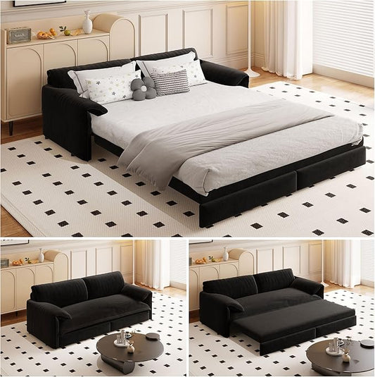 66" Queen Size Pull Out Sofa Bed, 3-in-1 Convertible Sleeper with Side Storage and Wheels, Velvet Loveseat for Living Room, Apartment, Bedroom, Black (Mattress & Bedding Not Included)