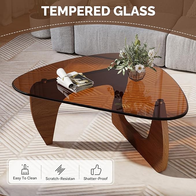 Modern Glass Coffee Table, Triangle Center Table with Tempered Glass Top& Unique Wooden Base, 42.5” Mid Century Tea Tables for Living Room, Apartment, Office,Walnut & Brown