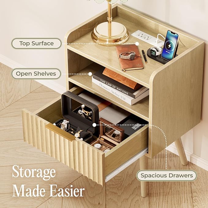 Huuger Nightstand with Charging Station, USB-C Port, Fluted Night Stand Set of 2, Bed Side Table with Drawer, Solid Wood Feet, Open Storage, End Table with Raised Edge, for Bedroom, Natural - Image 7